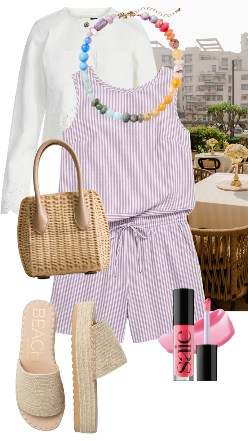 This lavender striped romper is the absolute cutest for a patio lunch date ✨ I’m obsessed with how that rainbow necklace adds the perfect pop of color to this look💜 

 #LTKgrwm #LTKootd #LTKSeasonal