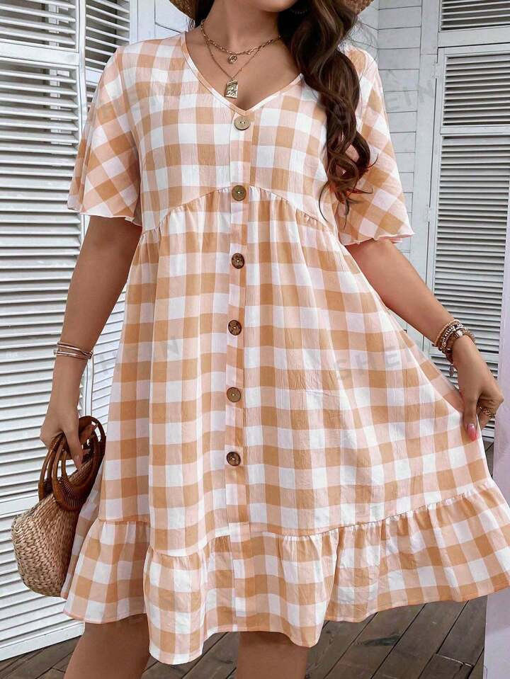 SHEIN VCAY Plus Gingham Print Button Front Ruffle Hem Smock Dress | SHEIN
