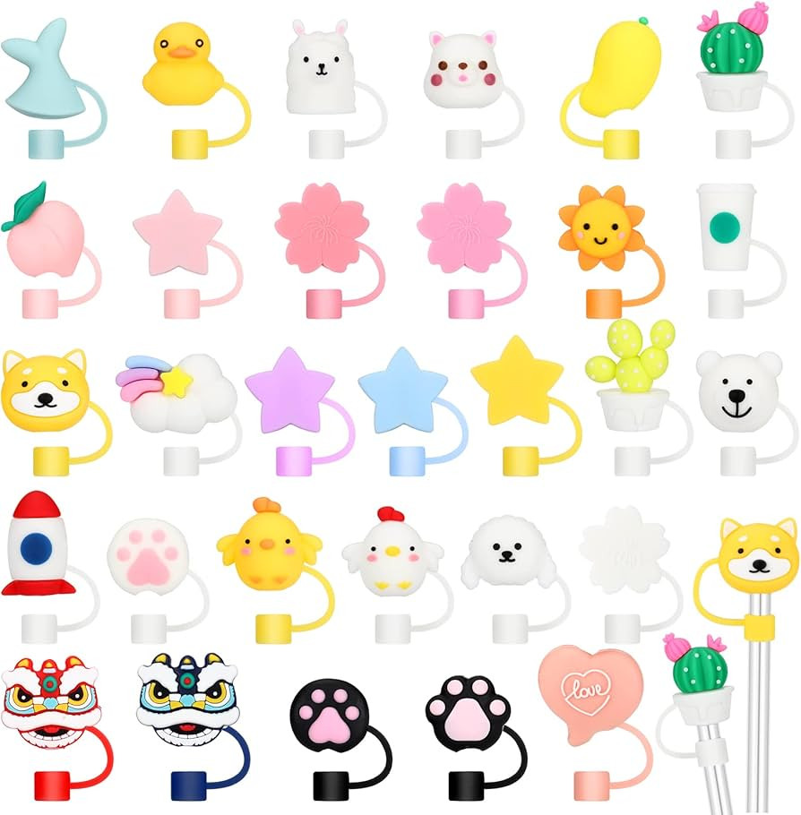 30 Pcs Straw Covers Cap for 6-8 mm Straws Silicone Straw Tips Cover Cute Straw Topper Reusable Dr... | Amazon (US)