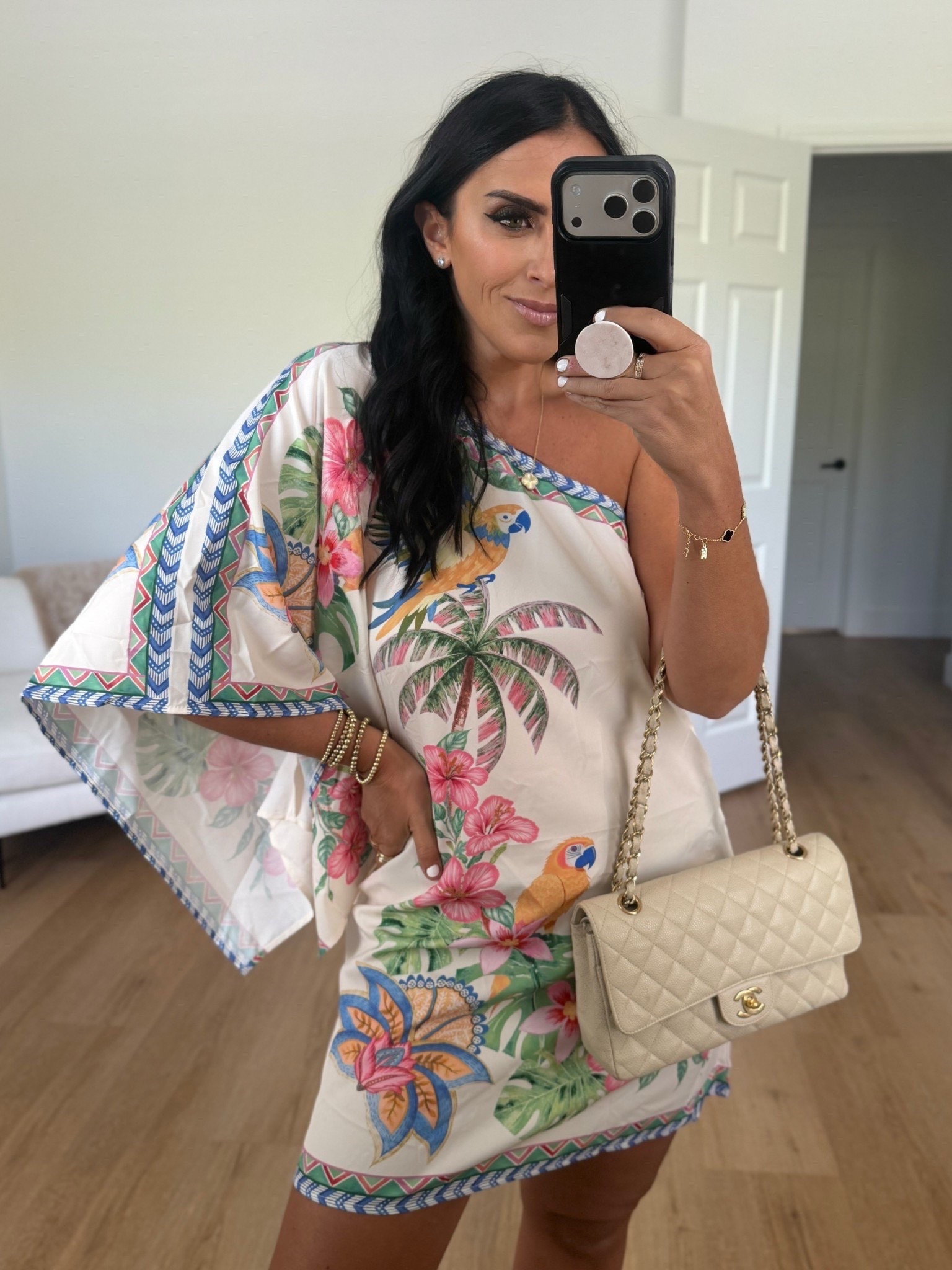 Floral one shoulder vacation tunic dress from Amazon wearing size medium. Looks like farm Rio 