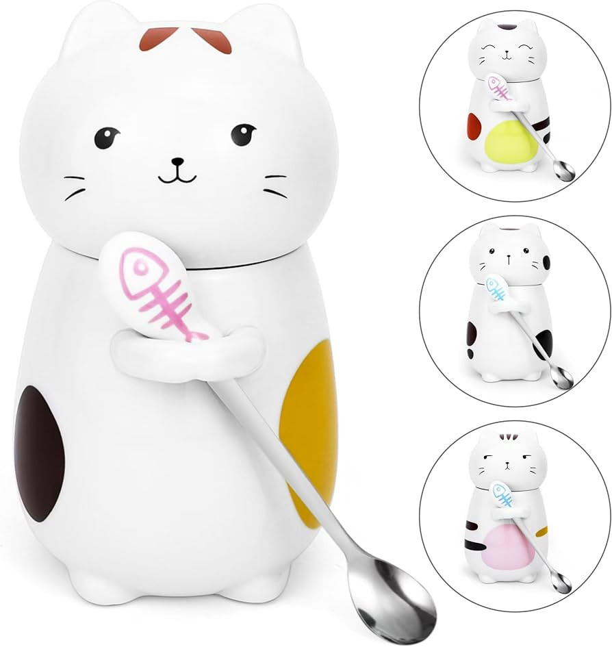 Cat Mug with Lid Cat Mug Funny Coffee Mug Cup 400 ML Cat Gift Ceramic Tea Mug with Spoon Tea Coff... | Amazon (US)