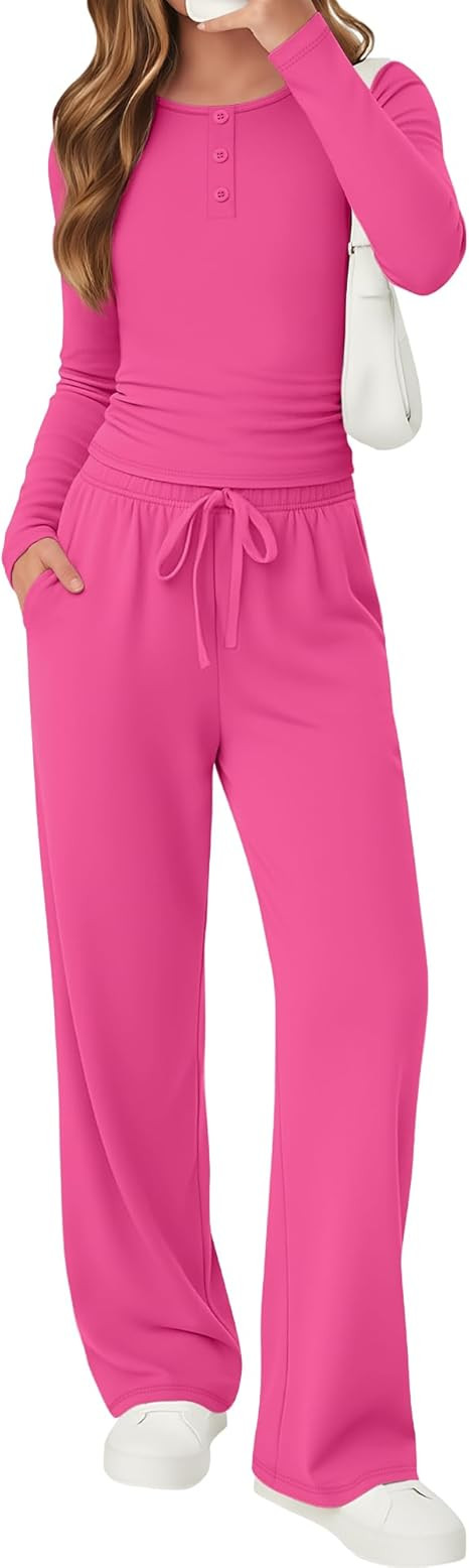 Girls 2 Piece Outfits Matching Sets Long Sleeve Ruched Knit Henley Neck Fitted Tops Straight Leg ... | Amazon (US)