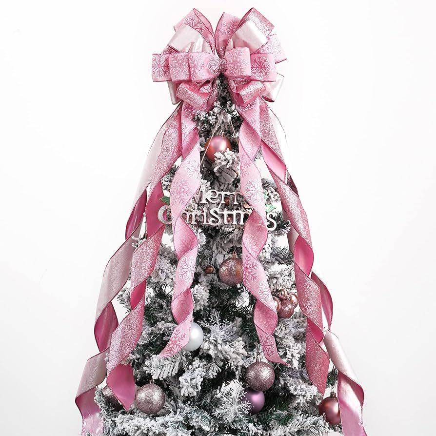 MEEDEE Pink Christmas Tree Topper Pink Glitter Christmas Bows 12" Wide Velvet Christmas Bows Pink... | Amazon (US)