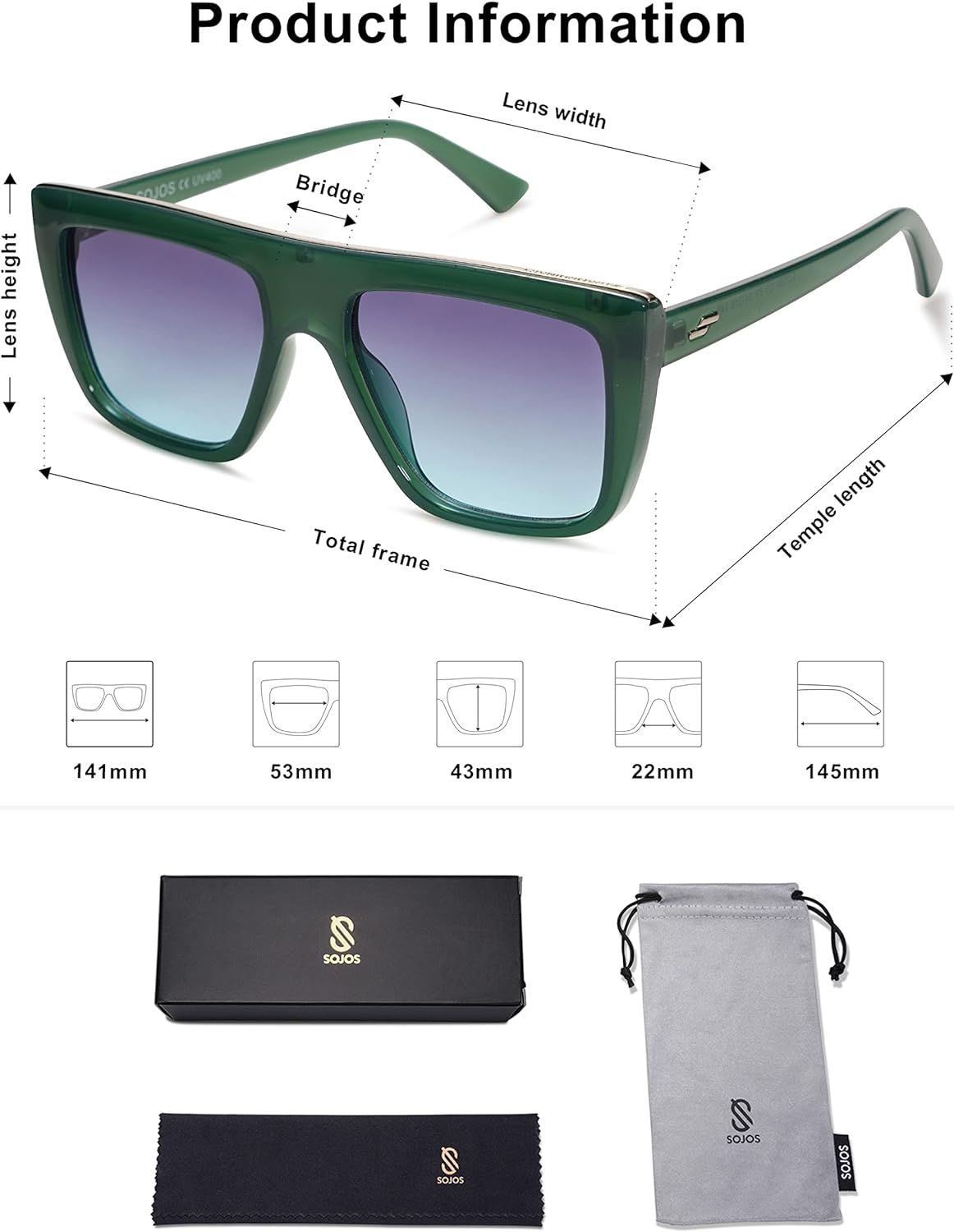 SOJOS Retro Square Sunglasses for Women Men Trendy Oversized Flat Top UV400 Sunnies SJ2250 | Amazon (US)