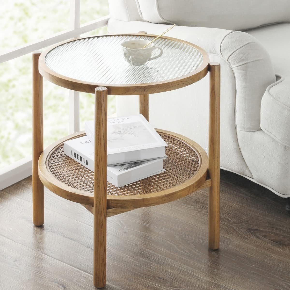 DOWLVN Round Glass Side End Table with Rattan Shelf, Small Coffee Table for Home Living Room Smal... | Amazon (US)