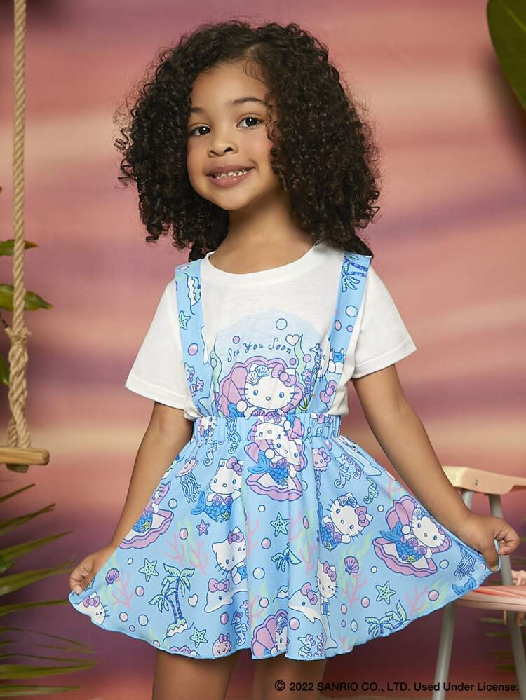 SHEIN X Hello Kitty and Friends Toddler Girls Cartoon Graphic Tee & Pinafore Skirt | SHEIN