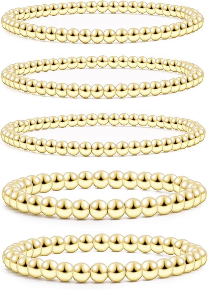 Gold Beaded Bracelets For Women Bead Ball Stackable Sets Stretch Elastic Bracelet 14K Plated Brac... | Amazon (US)