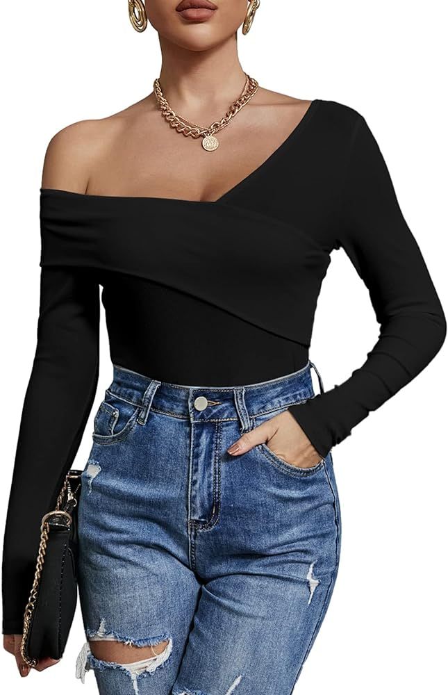 Women's Sexy Off The Shoulder Tops Long Sleeve Cross Wrap Ribbed Knit Shirt Blouse | Amazon (US)