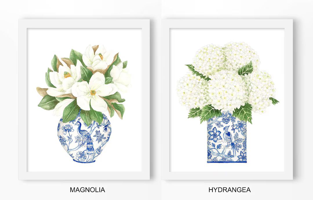 Blue and White China DIGITAL FILE - Magnolia, Hydrangea print, chinoiserie prints, gallery wall art, | Etsy (US)