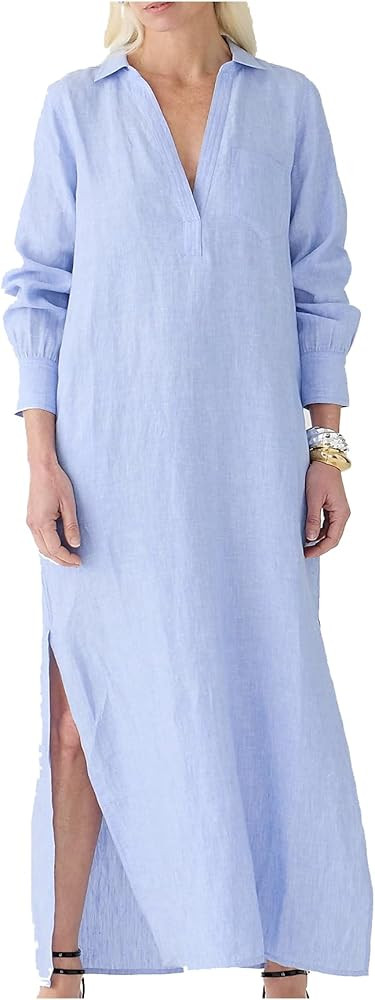 Women Cotton Linen Shirt Dress Casual Split Maxi Dresses Long Kimonos Cardigans Beach Cover Up Su... | Amazon (US)