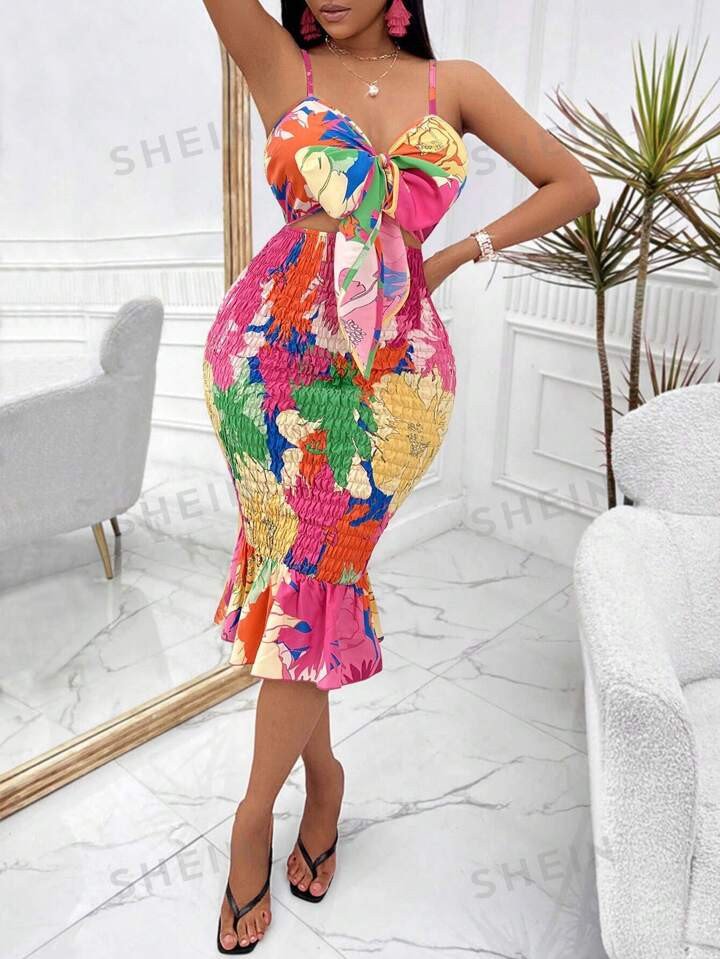 Floral Print Knot Front Ruffle Hem Cami Dress | SHEIN