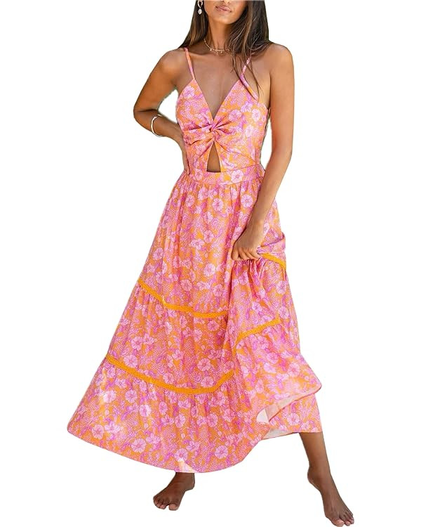 CUPSHE Women's Maxi Dress Floral Print Twisted V Neck Sleeveless Long Dress Summer Casual Dress | Amazon (US)