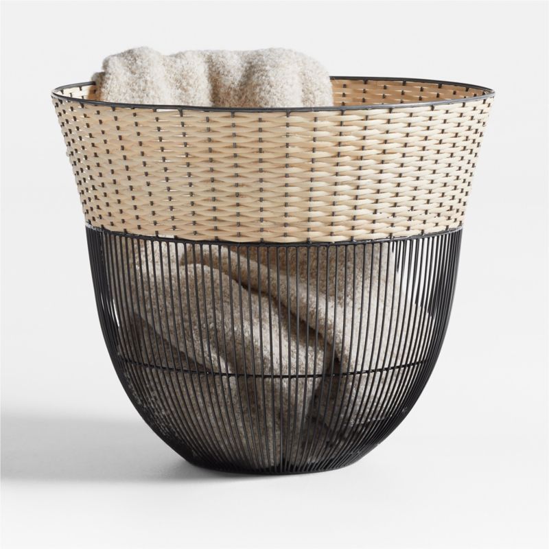 Toma Black and Off White Metal and Rattan Decorative Basket | Crate & Barrel | Crate & Barrel