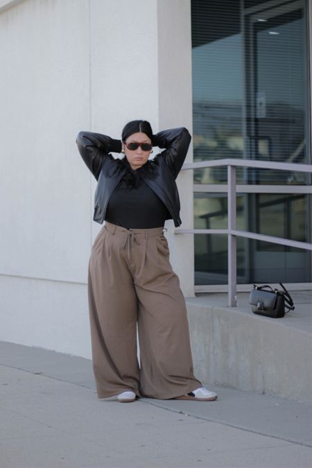 Curvy/ Plus Size Outfit: Trousers with a classic t-shirt and bomber jacket 

#LTKplussize