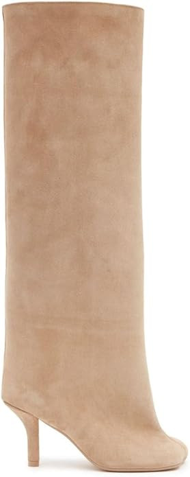 Women's Knee High Boots Nude Suede Wide Calf Stiletto Long Booties Square Toe Pull On High Heel R... | Amazon (US)