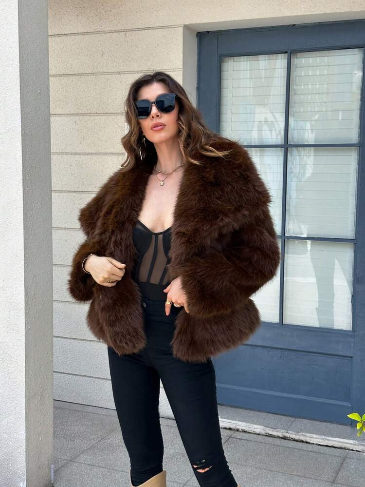 Seelio Autumn/Winter New Thickened Faux Fox Fur Hooded Mid-Length Faux Fur Coat, Youthful Elegant | SHEIN