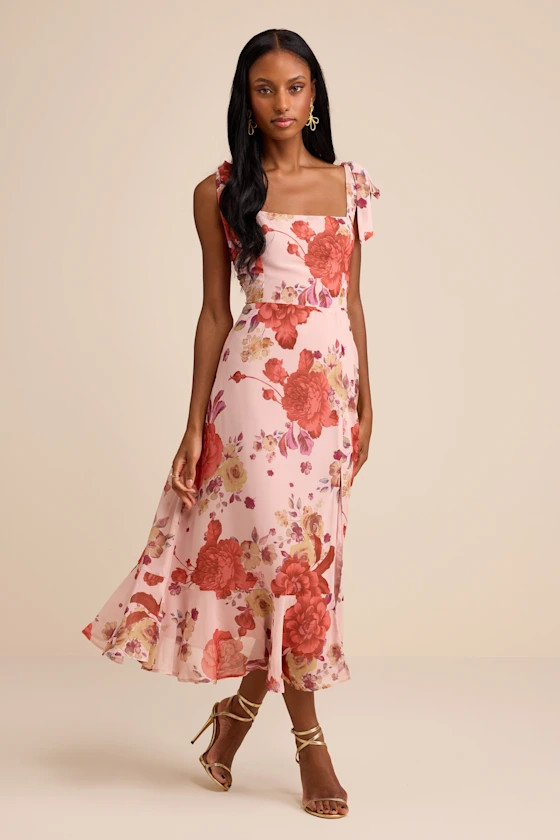 Summer Invite Blush Pink Floral Tie-Strap Tiered Midi Dress | Lulus