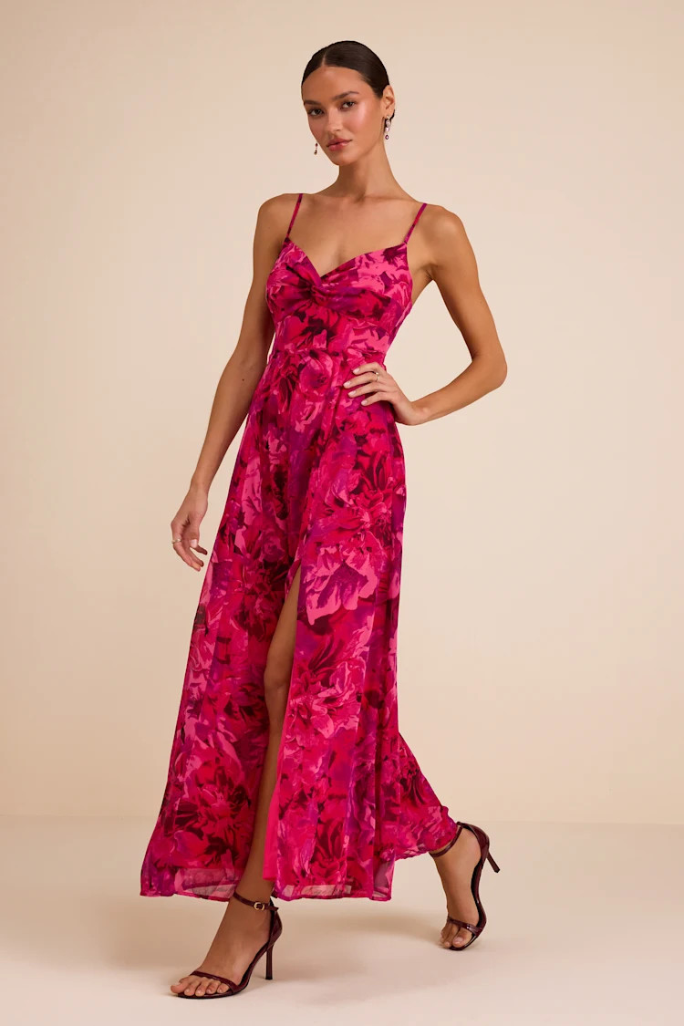 Beautiful Soul Fuchsia Floral Print Twist-Front Maxi Dress | Lulus