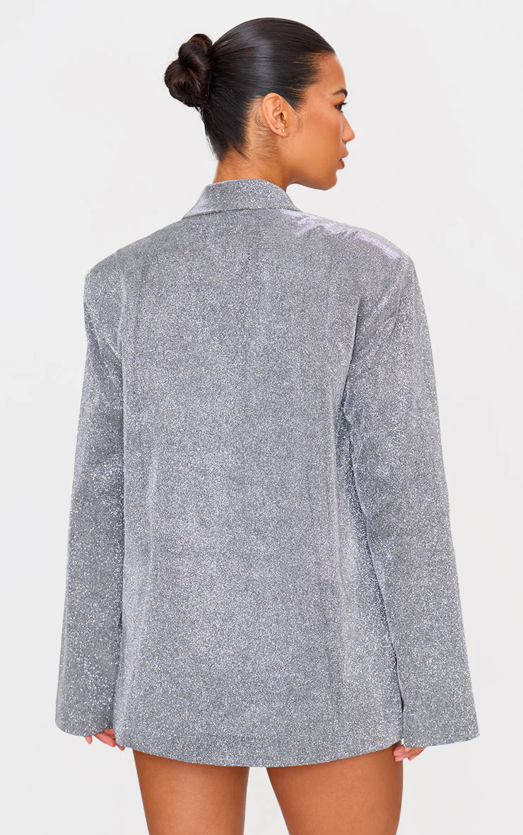 Silver Glitter Oversized Curved Hem Boxy Blazer | Outerwear | PrettyLittleThing US