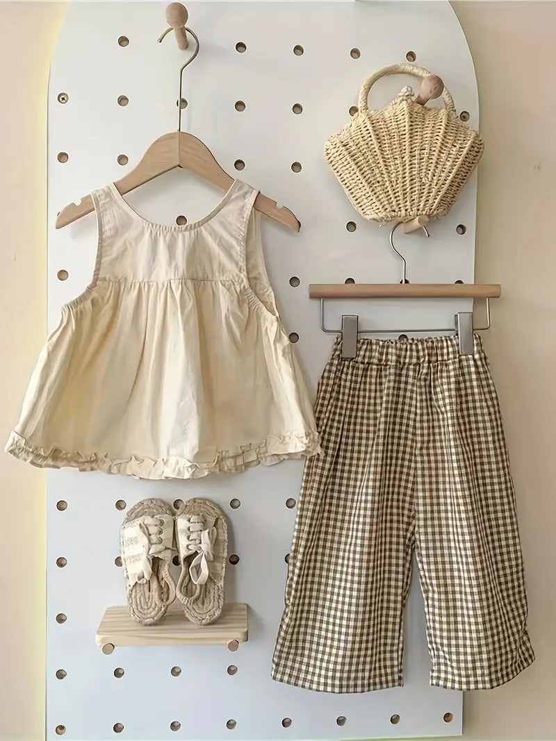 2 Pieces 100% Cotton Sleeveless Vest Skirt Top with Tie + Plaid Pants Set for Girls, Versatile an... | Temu Affiliate Program