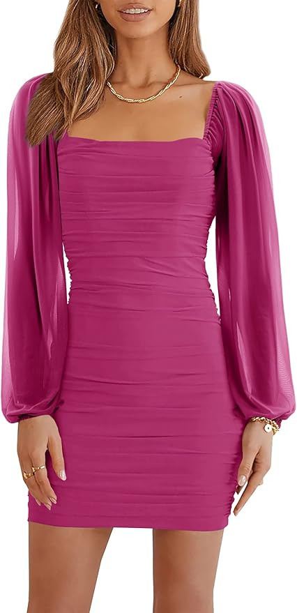 Wenrine Women's Mesh Long Sleeve Square Neck Ruched Party Club Cocktail Bodycon Mini Dress | Amazon (US)