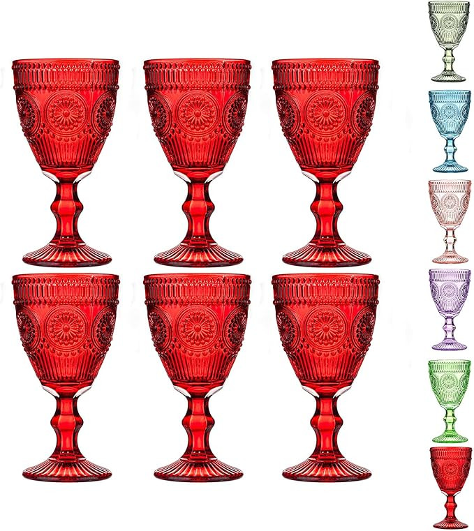 Red Vintage Wine Glasses Set of 6, 10 Ounces Colored Glass Water Goblets, Unique Floral Embossed ... | Amazon (US)