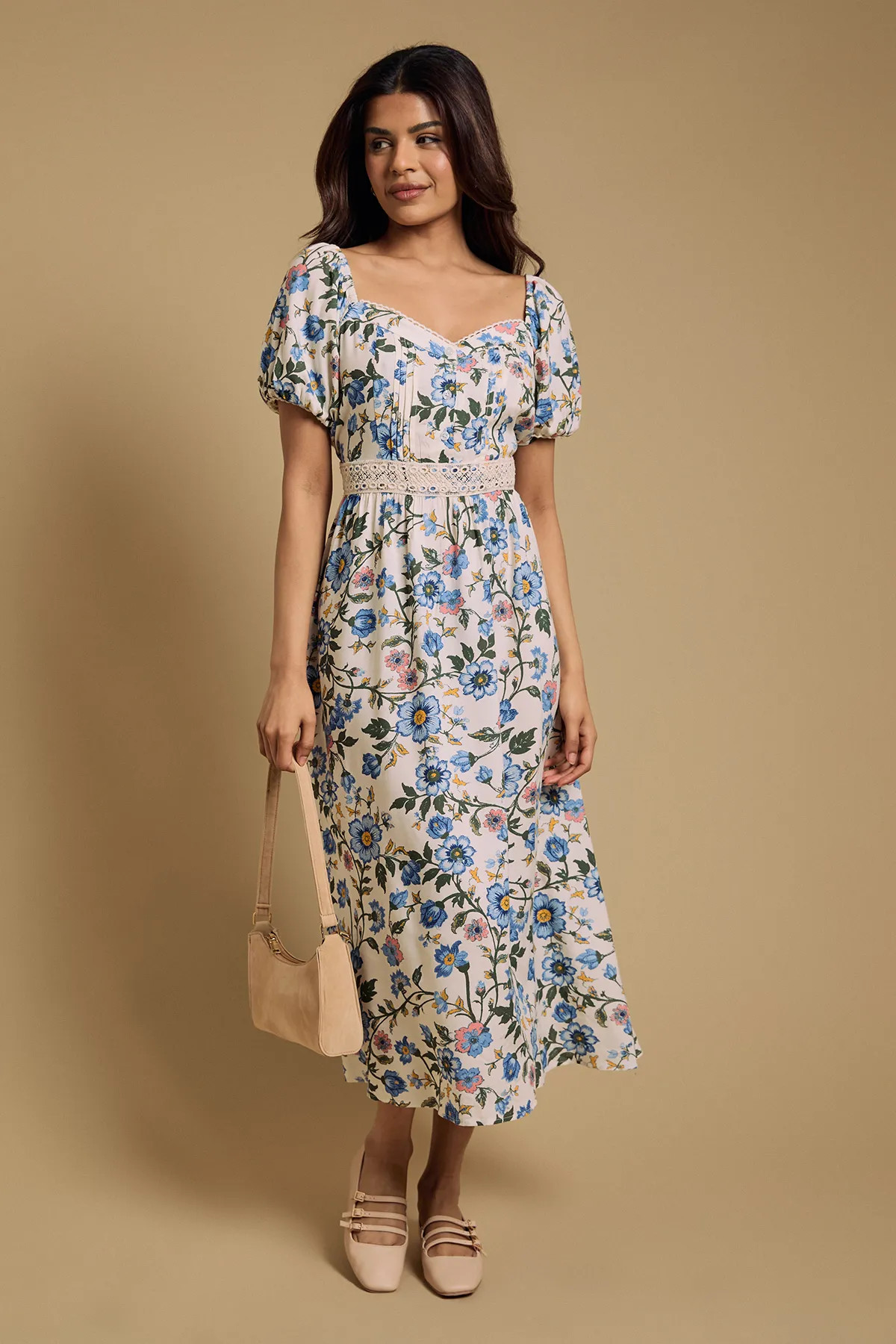 Blue Dorothy Perkins Floral Lace Trim Pleat Bodice Puff Sleeve Midi Dress | Boohoo | Boohoo.com (UK & IE)