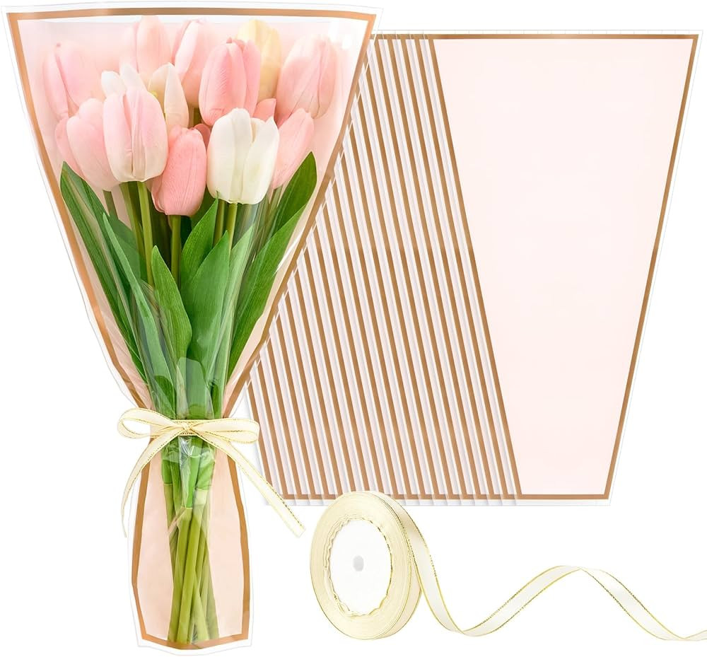 Mauproy 50 Pack Pink Flower Bags for Bouquets, 17.7 x 10.9 Inches Plastic Flower Sleeves Clear Fr... | Amazon (US)