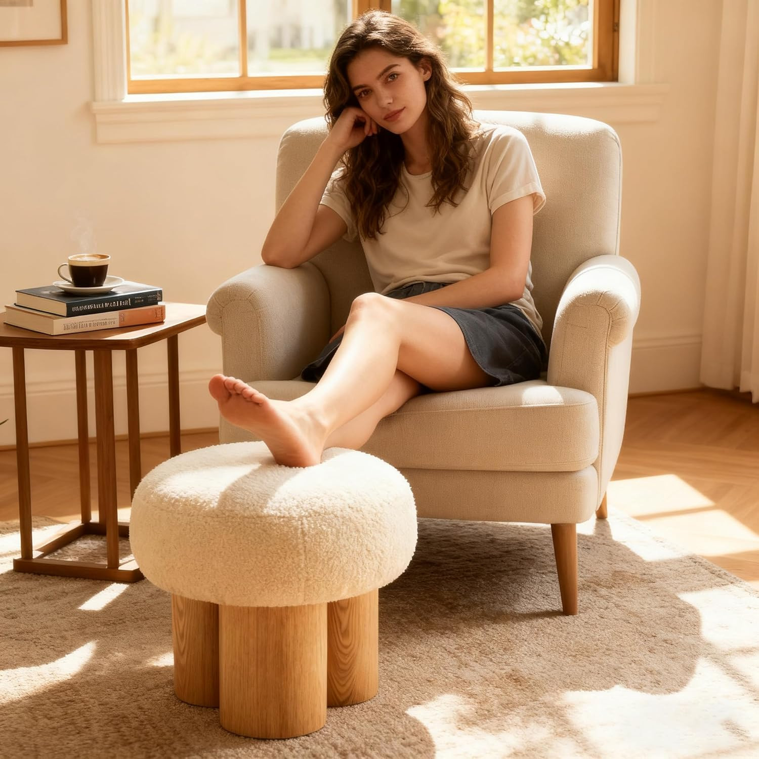 Round Foot Stool, Small Mushroom Ottoman Footstools Modern Pouf Boucle Ottoman, Teddy Foot Rest f... | Amazon (US)