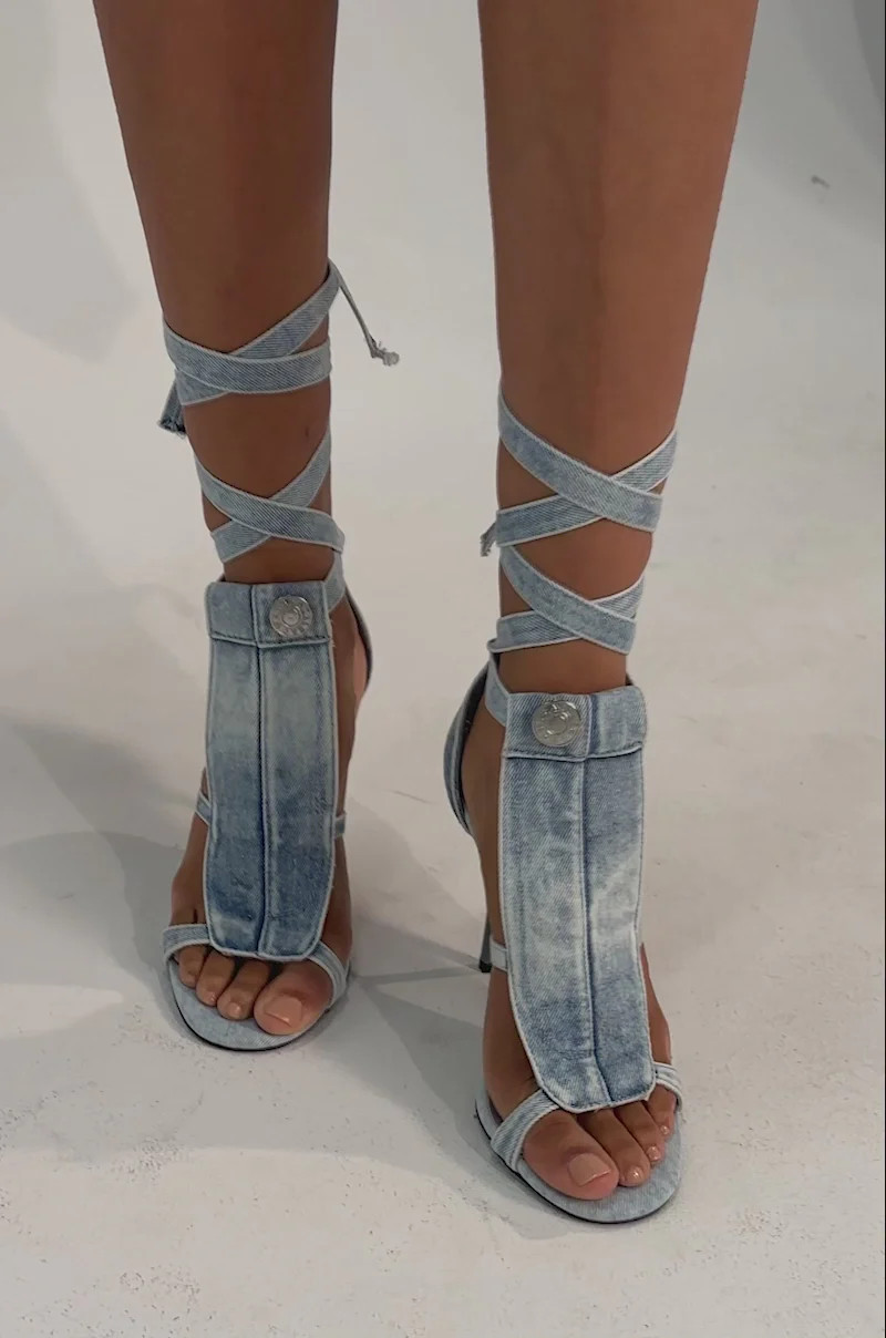 AKIRA GOLD NORMA JEAN DENIM STRAPPY STILETTO SANDAL | AKIRA