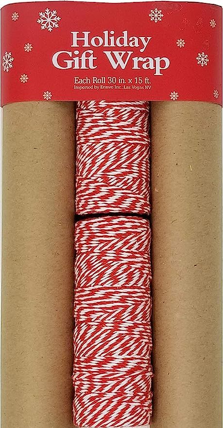 Plain Kraft Postal Wrap Brown Kraft Paper, 3 Rolls, with Red Baker's Twine | Amazon (US)