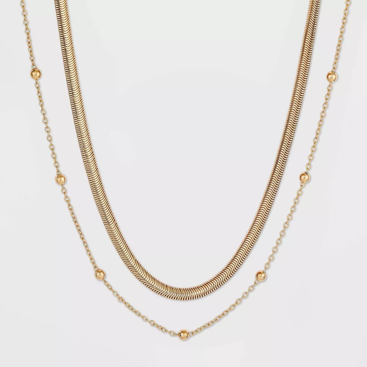 Herringbone and Ball Chain Necklace 2pc - A New Day™ Metallic Gold | Target