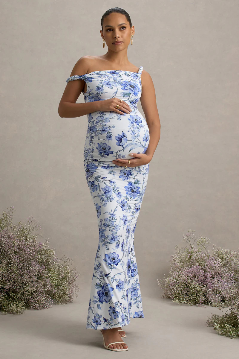 Lita  Blue Floral Print Twisted Asymmetric Maternity Maxi Dress | Club L London