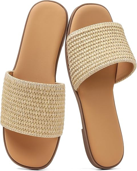 Slides Sandals for Women Basic Slip On Flat Sandals Open Toe Comfort Beach Sandals Slippers for C... | Amazon (US)