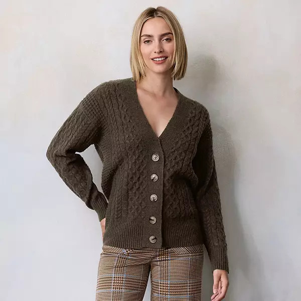 Women's LC Lauren Conrad V-Neck Slub Cabled Sweater Cardigan | Kohl's