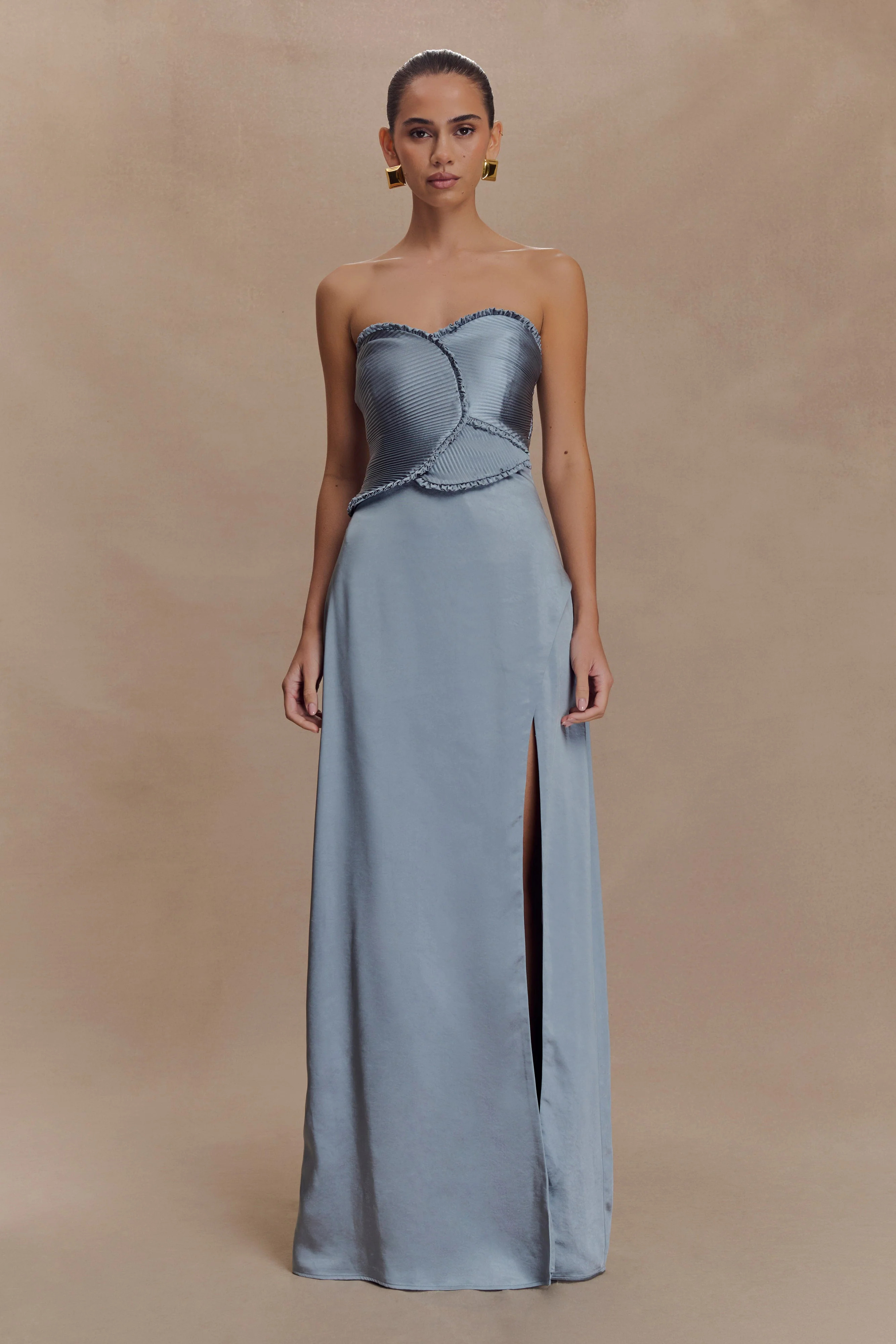 Larissa Satin Maxi Dress With Ruched Petals - Frosted Blue | MESHKI US