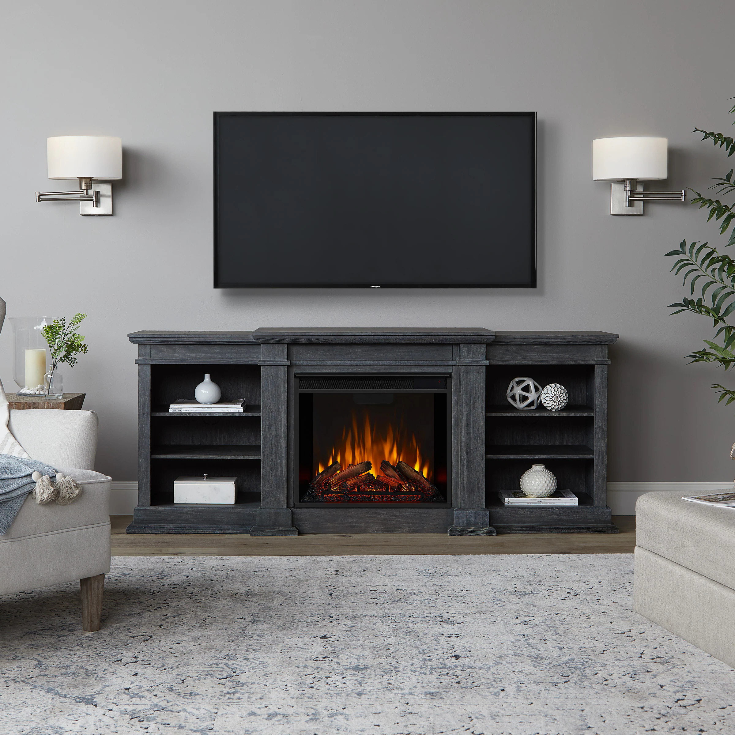 Real Flame 71.75-in W Antique Gray TV Stand with Infrared quartz Flat Wall Electric Fireplace with Remote Control Included one_size | G1200E-AGR | Lowe's