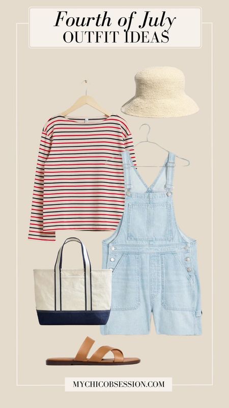 If you want to switch out your denim shorts for a playful alternative, try some overalls. Underneath, incorporate a shirt with patriotic colors. Accessorize with leather slide sandals, a navy and cream canvas tote, and a straw bucket hat.

#LTKSeasonal #LTKItBag #LTKStyleTip
