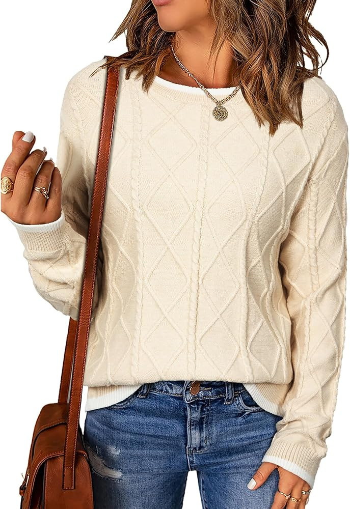 EVALESS Womens Sweaters Long Sleeve Crewneck Color Block Pullover Tops 2025 Fall Trendy Cable Kni... | Amazon (US)