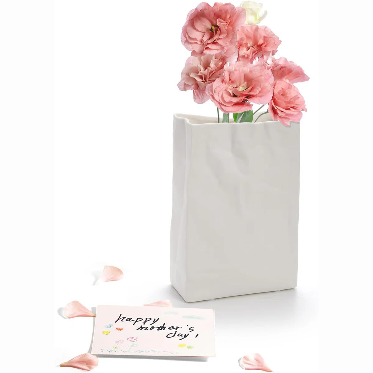 Crinkle Paper Bag Ceramic Vase, 7.8 Inch Square Wide Mouth Pleated Planter, Unique White Matte Va... | Wayfair North America