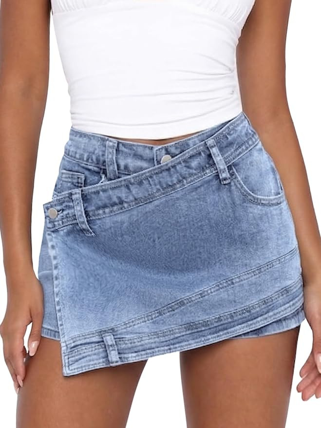 ELLEVEN Women Asymmetrical Denim Skort – Front Skirt Back Shorts Mini Y2K Streetwear Sexy Jean ... | Amazon (US)
