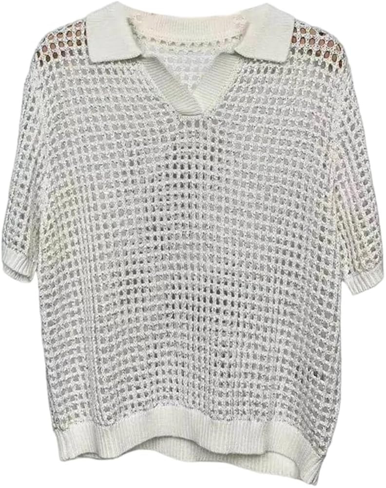 Women's Linen Sequin Mesh Collared Knit Sweater Short Sleeve Summer Casual Top | Amazon (US)