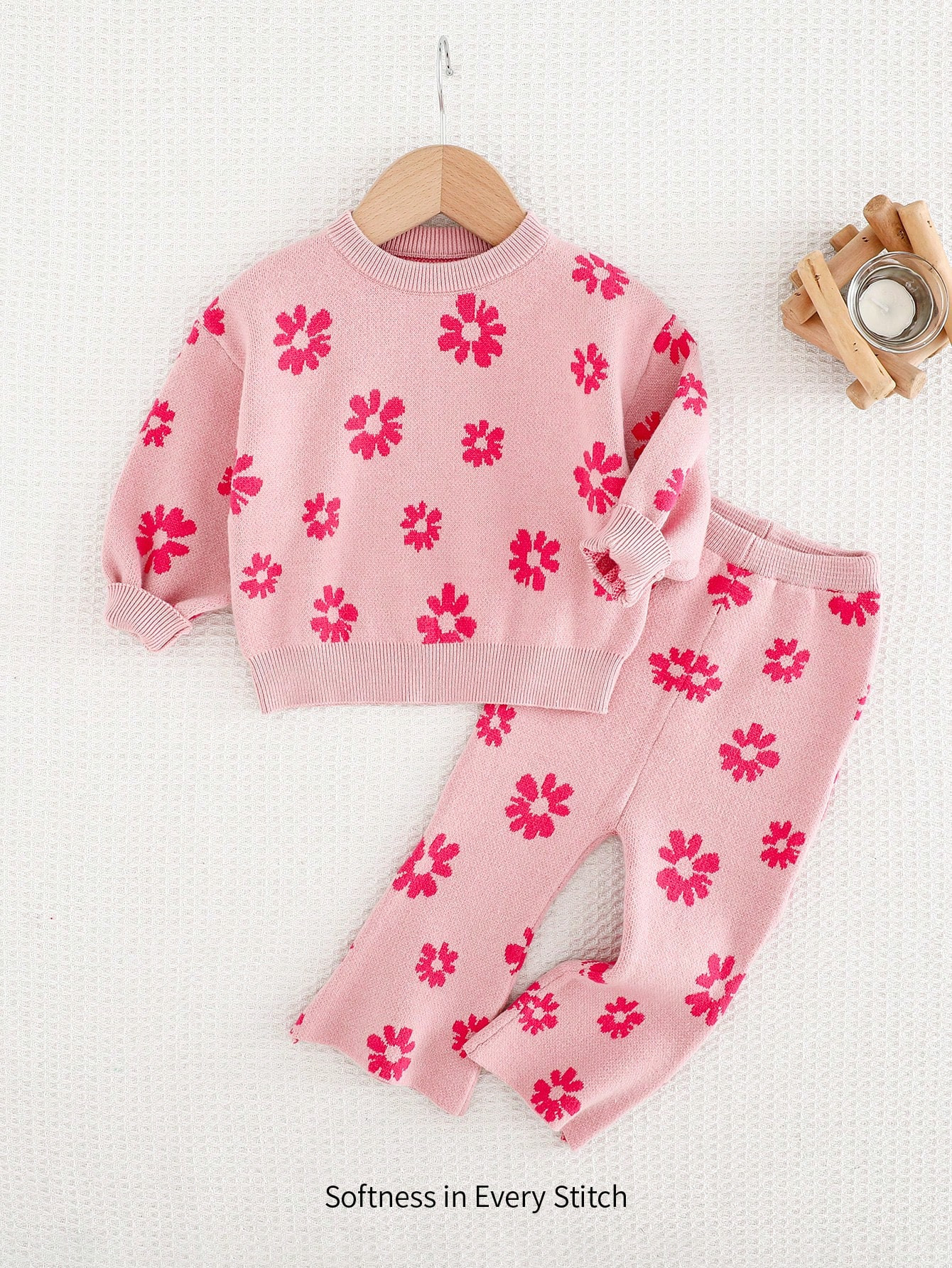 Cozy Pixies 2pcs Baby Girl Floral Pattern Contrast Color Round Neck Long Sleeve Top And Pants Kni... | SHEIN
