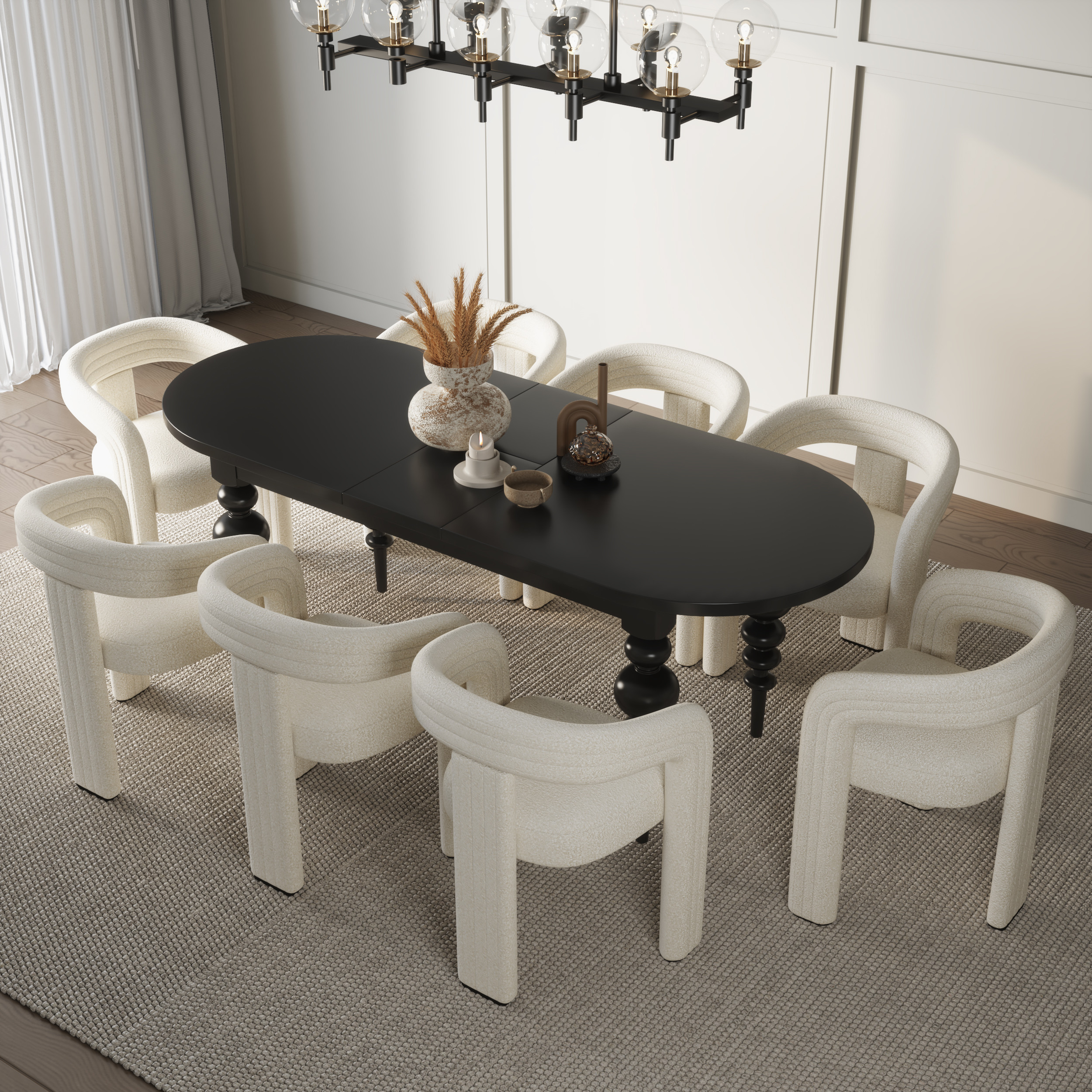 Dining Table Set 67"-79" Oval Extendable Dining Table Black & 8 White Boucle Back C-Shaped Dining Chairrs | Homary