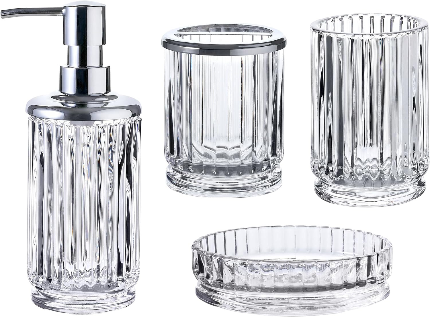 4-Piece Glass Bathroom Accessories Set, Clear Crystal Ribbed Design, Soap Dispenser, Toothbrush H... | Amazon (US)