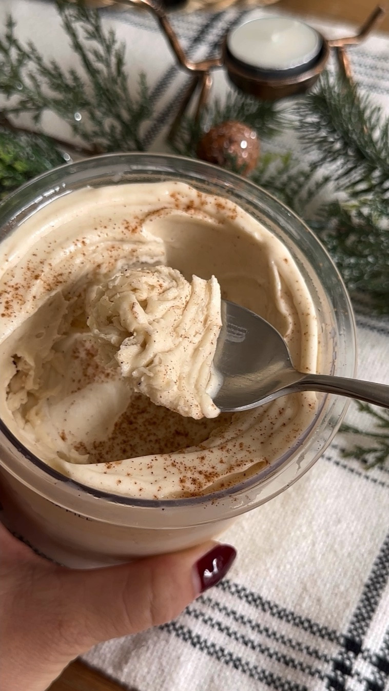 EGGNOG NINJA CREAMI ICE CREAM

Ingredients: 
• 1.5 cup Almond Nog (You can use regular Eggnog, I just wanted to be a little healthier but still have the same flavors)
• 1 scoop Vanilla Protein Powder (I use Simply Vanilla by @CleanSimpleEats)
• 1 tsp. Vanilla Extract
• Sprinkle of Cinnamon, Cloves, and Nutmeg

Directions:

Take a Ninja Creami pint container and fill it up with all the ingredients.

Next, take your frother and froth until all are combined. If you do not have a frother you can use a blender.

Freeze the mix for at least 8 hours but I typically like to do it overnight for about 24 hours so it can completely harden. 

Take the container out and put it into the Ninja Creami and then blend on “Lite Ice Cream.” 

Remove from the Ninja Creami and check to see what it looks like. 

If it has a nice creamy texture then you can skip the next step. However, if the ice cream looks crumbly or a little stiff, make a hole in the middle and add about 1-2 tsp. of milk. 

If needing to add milk, put it back in the machine and hit “re-spin”. 

Top with more spices and enjoy!

NUTRITION FACTS: 257 calories | 20g. protein | 34g carbs. | 3g fat
 
#ninjacreamiirecipe #eggnogicecream #eggnogproteinicecream #eggnogninjacreami #proteinicecream

#LTKSeasonal #LTKHoliday