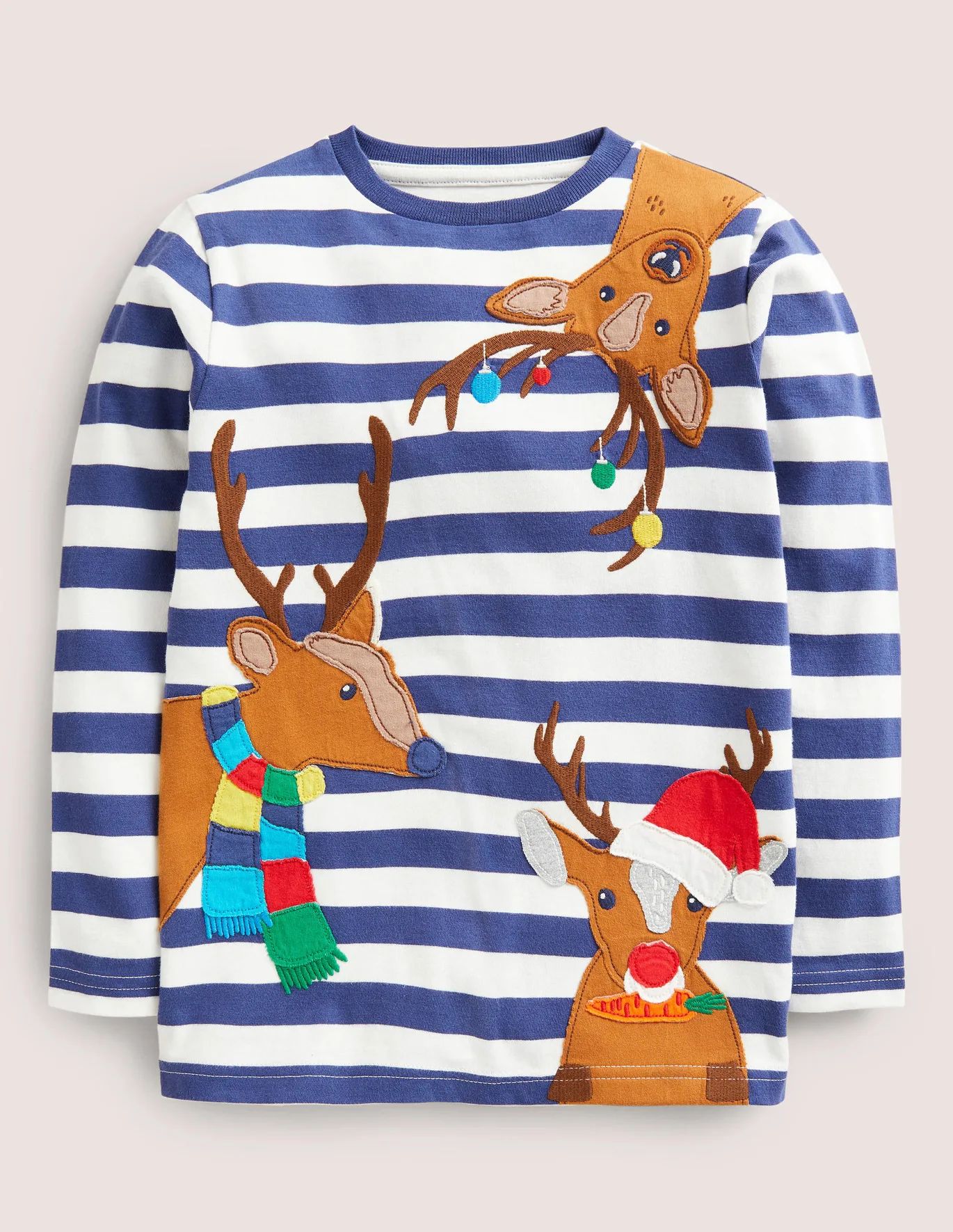 Festive Peeping In T-shirt - Starboard/Ivory Reindeer | Boden US | Boden (US)