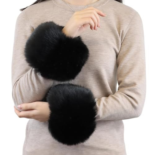 Peecabe Winter Women Fuzzy Arm Warmers Girls Faux Fur Short Wrist Cuffs Fluffy Soft Wrist Cover Ankle Warmer (Black, Medium) | Amazon (US)
