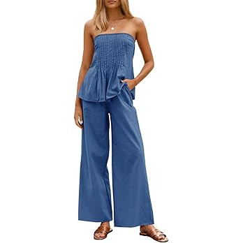 Tankaneo Womens 2 Piece Outfits Summer Strapless Tube Tops Wide Leg Pants Cotton Vacation Pleated... | Amazon (US)