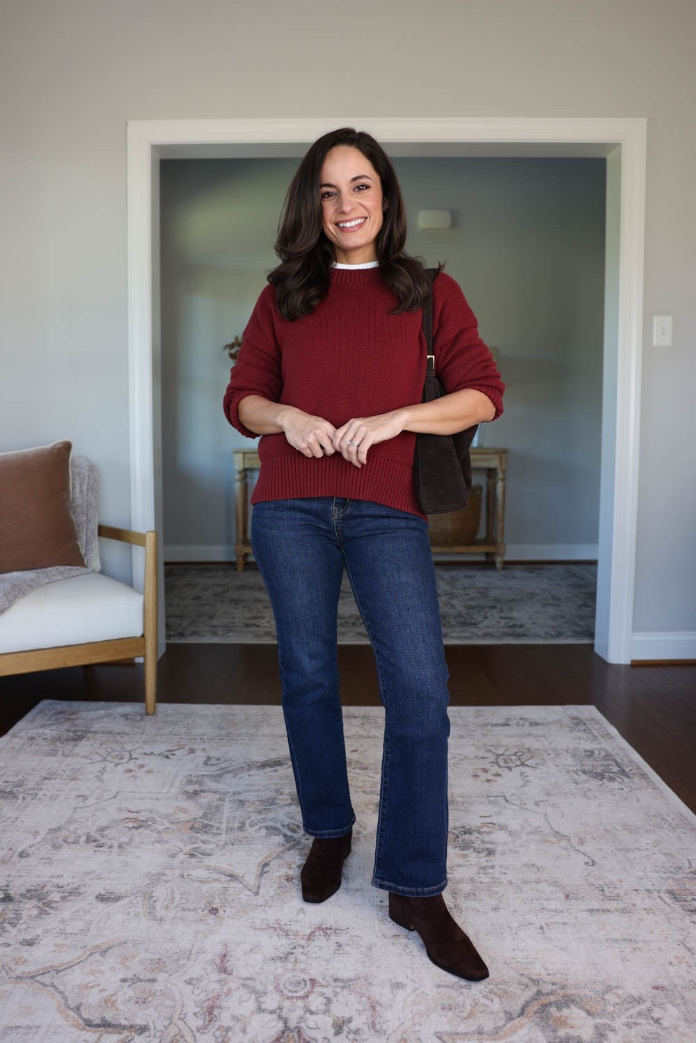 What shoes to wear with straight leg jeans for petites. 

Boots 
Sweater (Quince): xs 
T-Shirt (Old Navy): petite xs 
Boots (Steve Madden): size up 1/2 size 
Slim Jeans (Quince): 24 short in midnight blue / 10.5” rise / 26” inseam 

My measurements for reference: I’m 4’10” and 105lbs. My bust, waist, and hip measurement is 32”, 24”, and 36”.